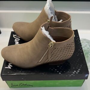 Sam Edelman Suede Leather Taupe Ankle Boots with Gold Accents